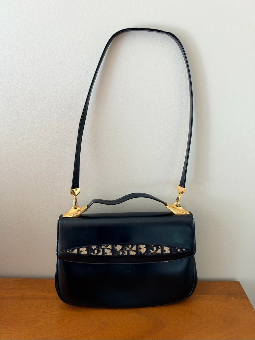 Dior Black Leather Shoulder Bag with Signature Canvas Trim